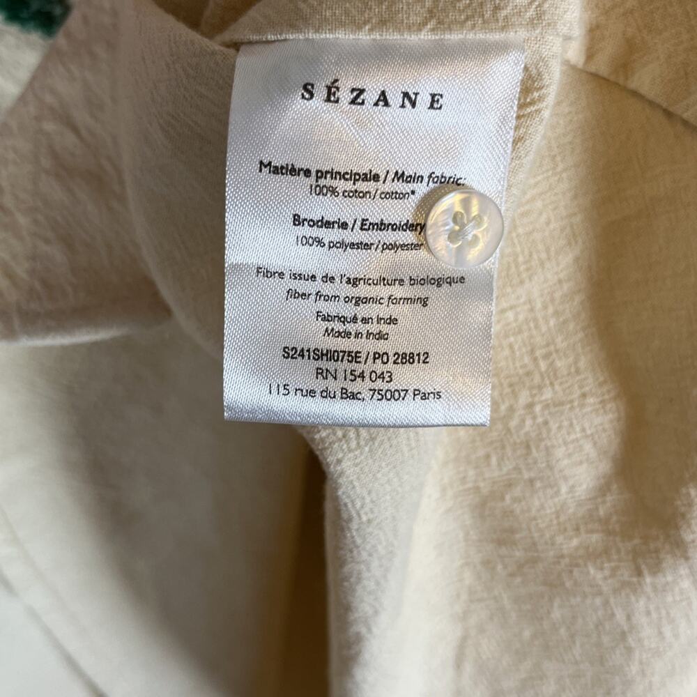 Sezane Maxy Top Shirt Oversized Beige Fits 16 & Up Floral Embroidered Button Up - Picture 14 of 15